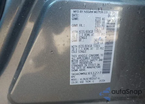 2016 Nissan Pathfinder S z USA, uszkodzony, nr VIN 5N1AR2MM9GC651277